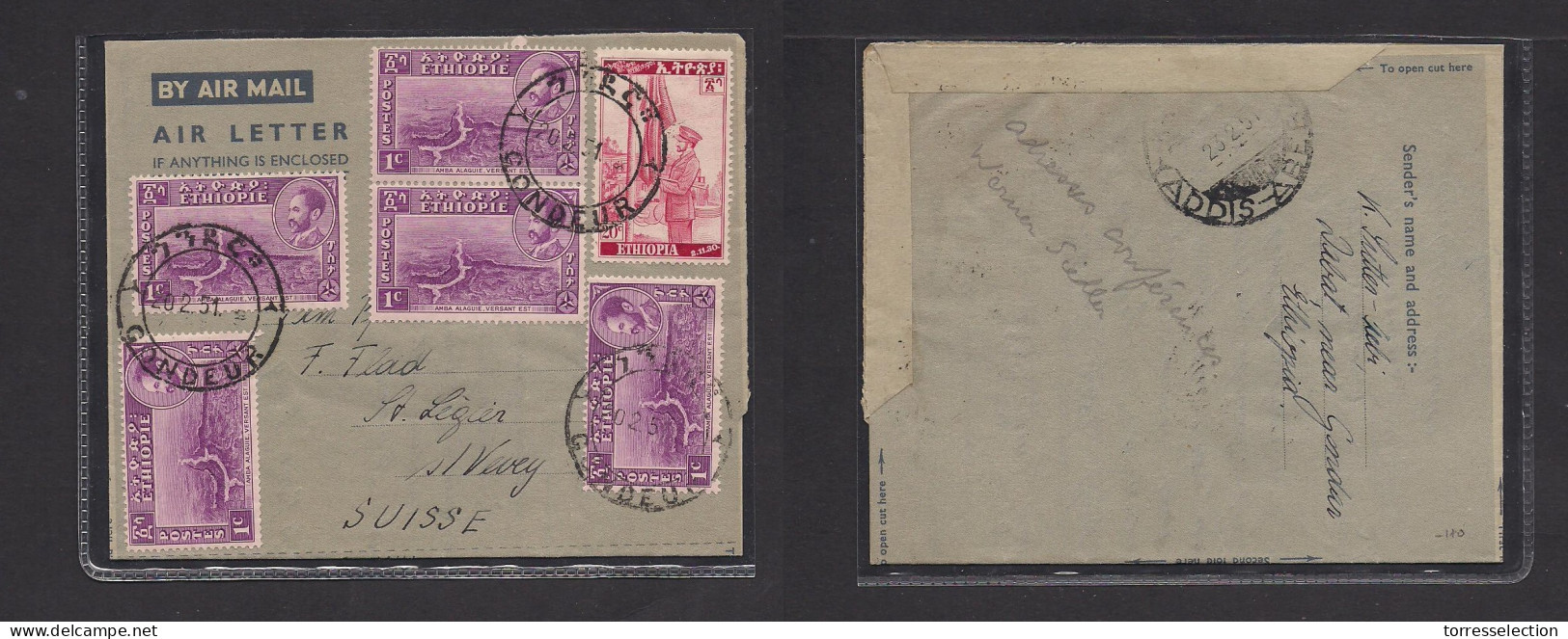 ETHIOPIA. 1951 (20 Febr) Gondeur - Switzerland, Vevey. Multifkd Airlettersheet. VF Used. Long Private Text + Village Ori - Ethiopie