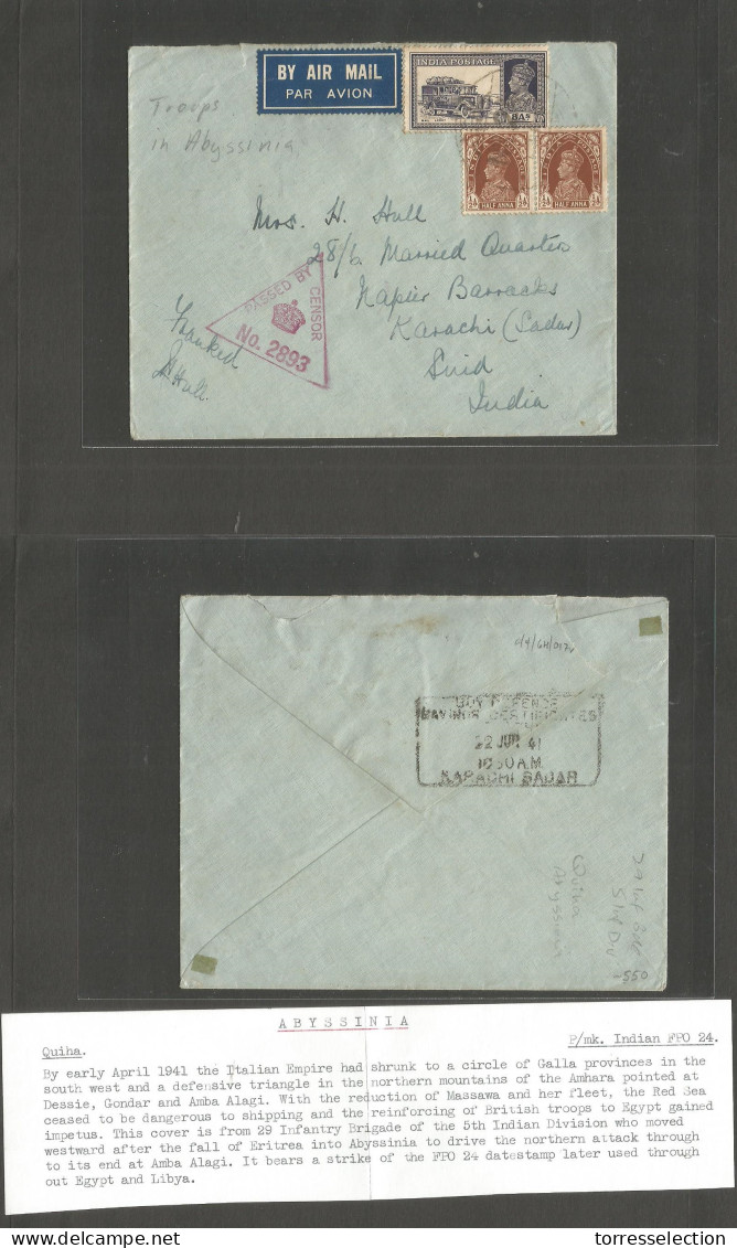 ETHIOPIA. 1941 (June) WWII. India Troops. Quina - Karachi. India (22 June) Air Fkd + Censored Envelope. Encl Of Italian  - Ethiopie