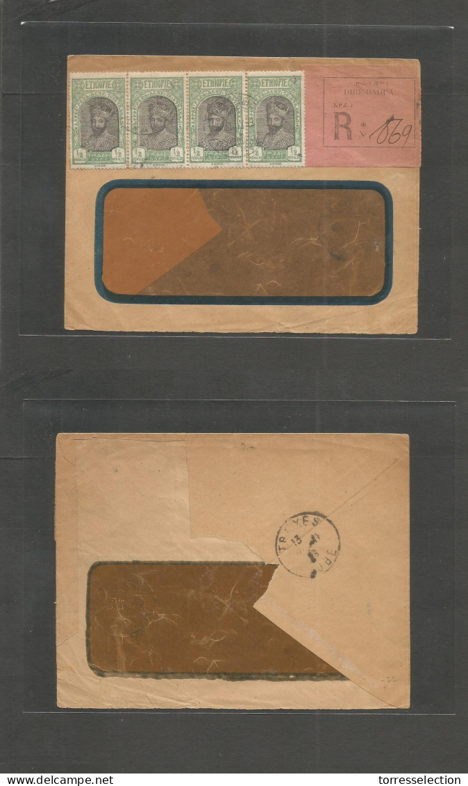 ETHIOPIA. 1918. Dire Daona - France, Trives (1918) Registered Comercial Window Envelope Multifkd 1/2k Strip Of Four Canc - Etiopia