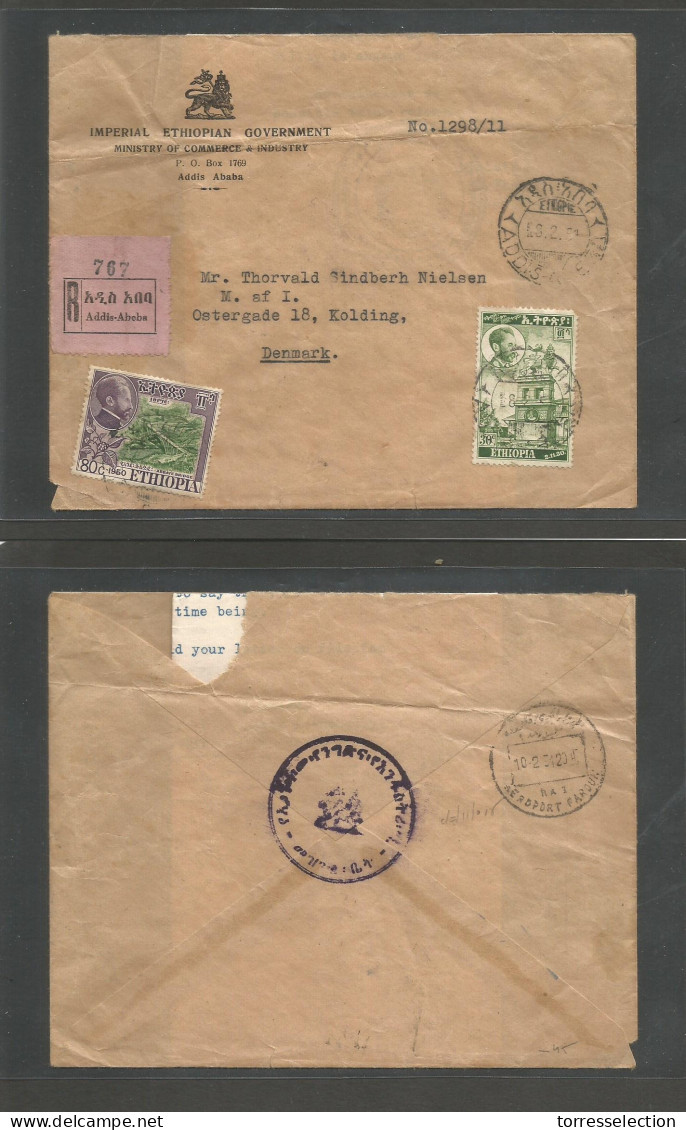 ETHIOPIA. 1951 (18 Feb) Addis Ababa - Denmark, Kolding. Registered Multifkd Env. Rate 110c. - Ethiopie