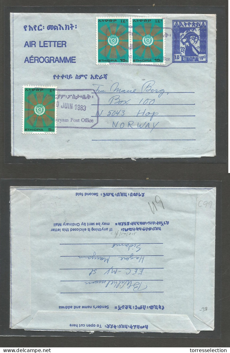 ETHIOPIA. 1983 (10 June) Hagere Maryam - Norway. 15c Blue Stationary Air Lettersheet + 3 Adtl. Sub Post Office Provision - Etiopia