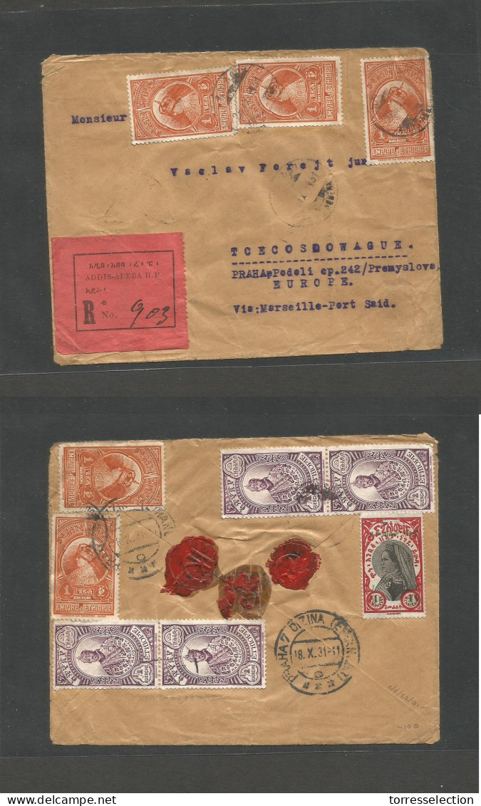 ETHIOPIA. 1931 (28 Sept) Addis Abeba - Czechoslovakia, Prague (18 Oct). Registered Multikfd (front And Reverse) Envelope - Ethiopie