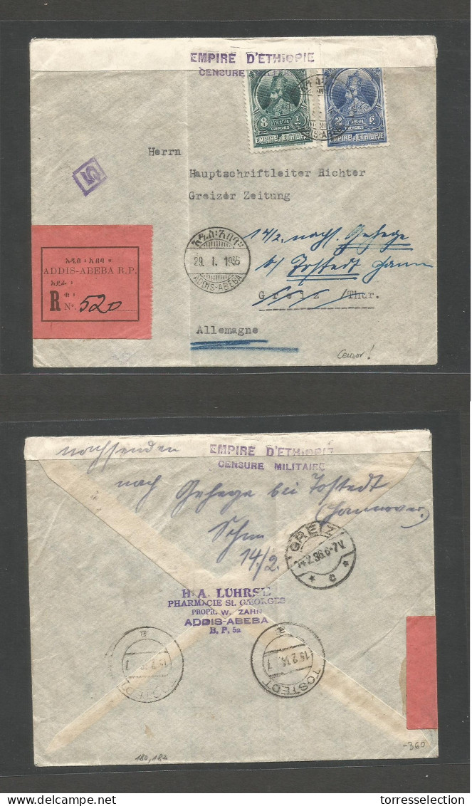 ETHIOPIA. 1935 (29 Jan) Addis Abeba - Germany, Greiz (14 Feb) Registered Multifkd Envelope + Ethiopian Censor Label, Tie - Etiopia
