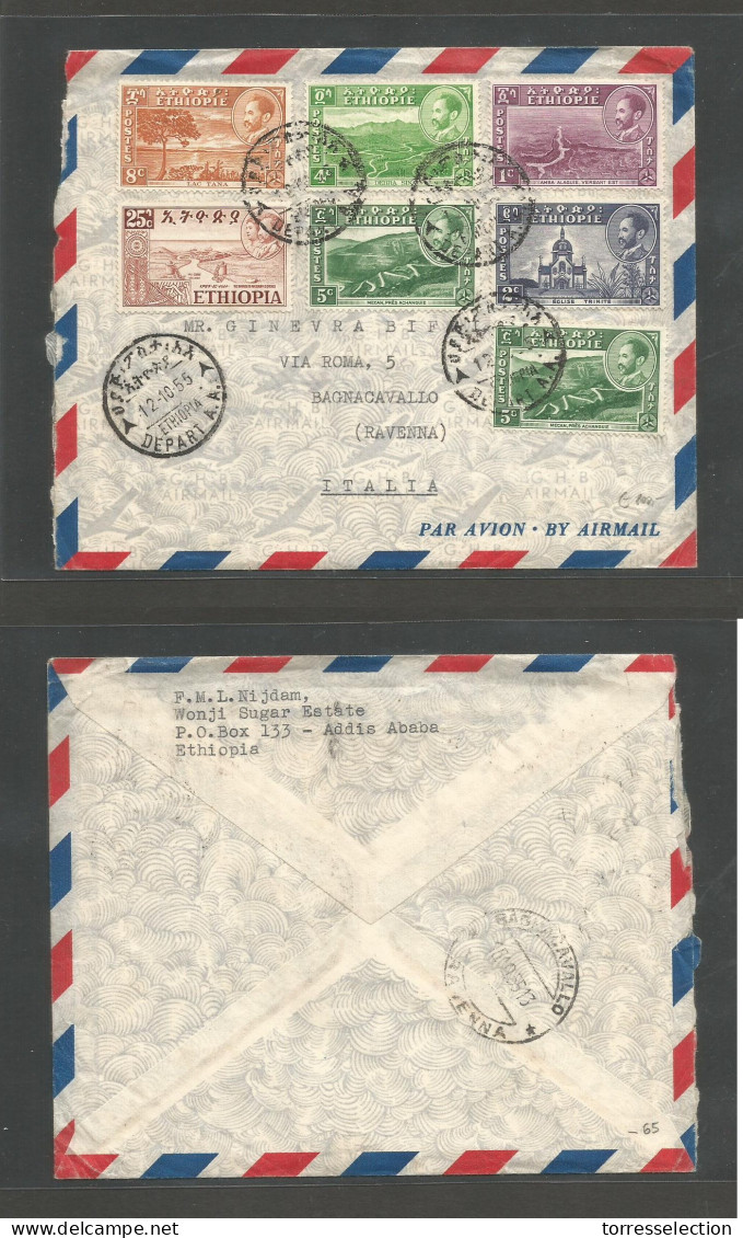ETHIOPIA. 1955 (12 Oct) Addis Ababa - Italy, Bagnacavallo (16 Oct). Multifkd Air Envelope. - Etiopía