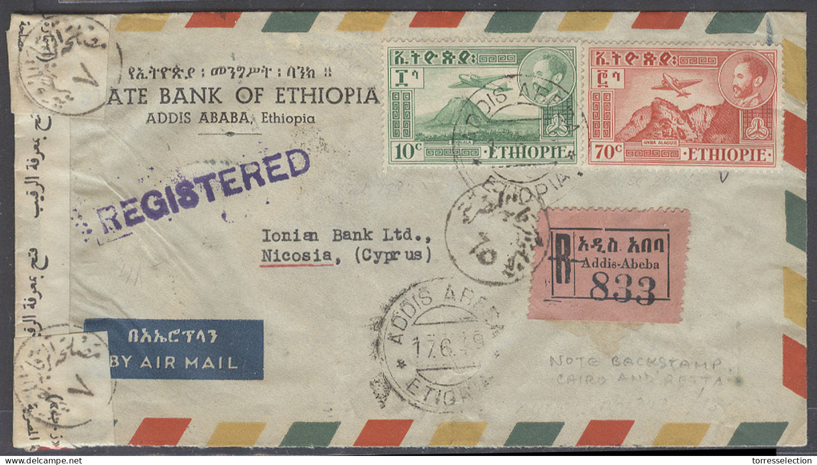 ETHIOPIA. 1949 (12 June). Addis Abeba - Cypes (20 June). Reg Air Doble Censor Multidkd Env Via Cairo. Retta Cachet On Re - Etiopia