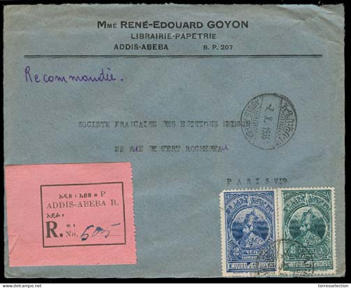 ETHIOPIA. 1935. Addis - Abeba - France. Reg Fkd Env / Pmk Label. VF. Arrival Cds. - Ethiopie