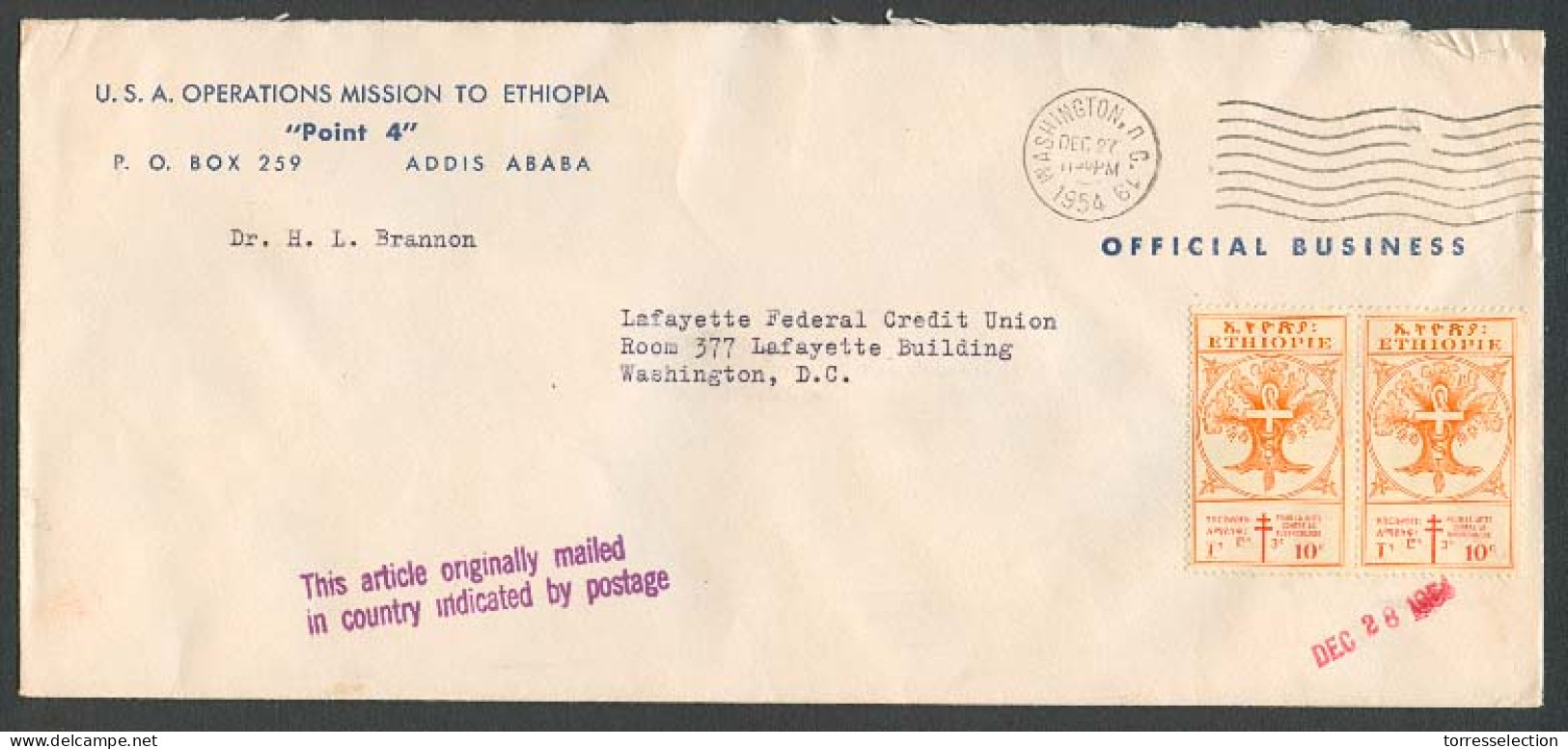 ETHIOPIA. 1954. Addis Abeba - USA. Official US Operations Mission. Env With Tubercolosis Pair 10c. Unusual. - Etiopia
