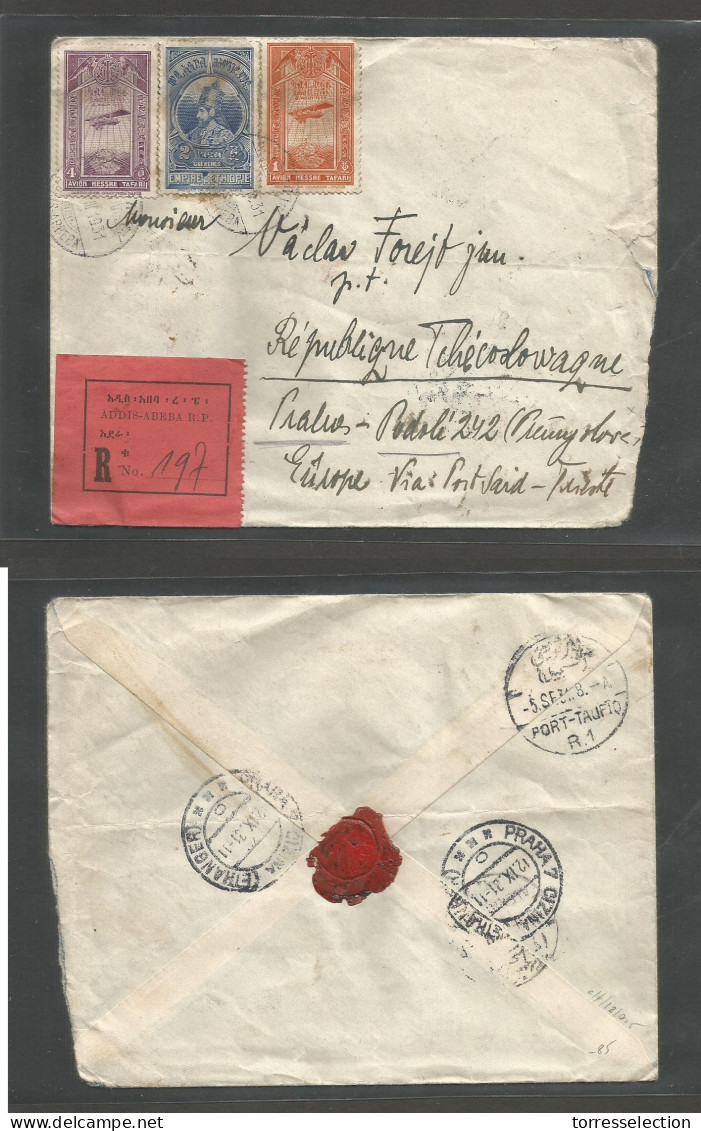 ETHIOPIA. 1931 (18 Aug) Addis Abeba, RP - Czechoslovakia, Praha (12 Sept) Via Cairo (5 Sept) Registered Air Multifkd Env - Etiopia