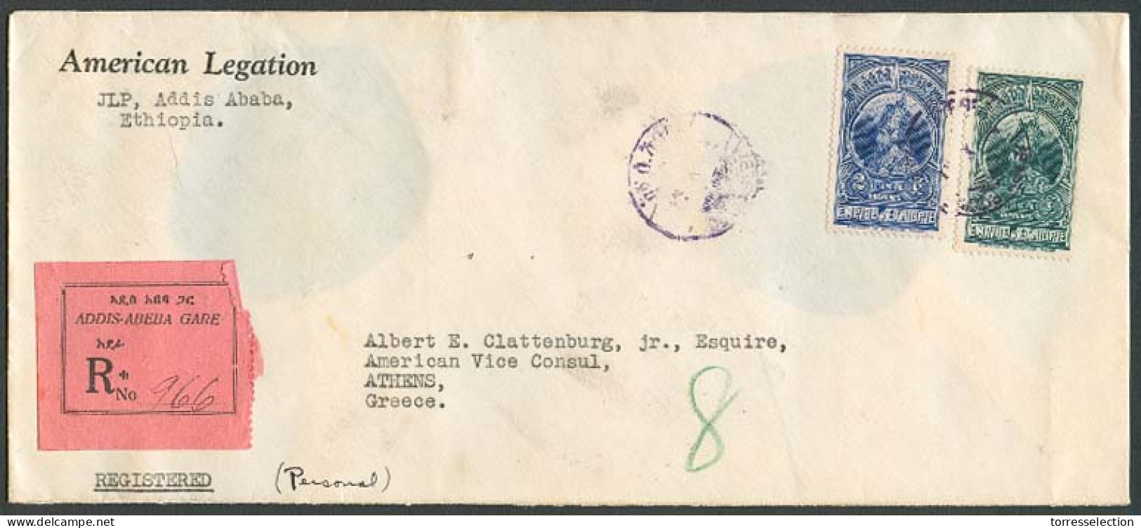 ETHIOPIA. 1934. US Legation. Addis Abeba - Greece. Reg Fkd Env. - Etiopía