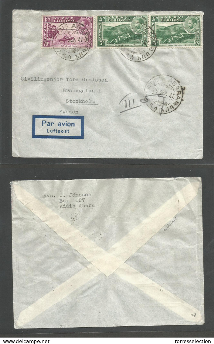 ETHIOPIA. 1947 (29 Sept) Addis Ababa - Sweden, Stockholm. Air Multifkd Env. Fine. - Etiopia