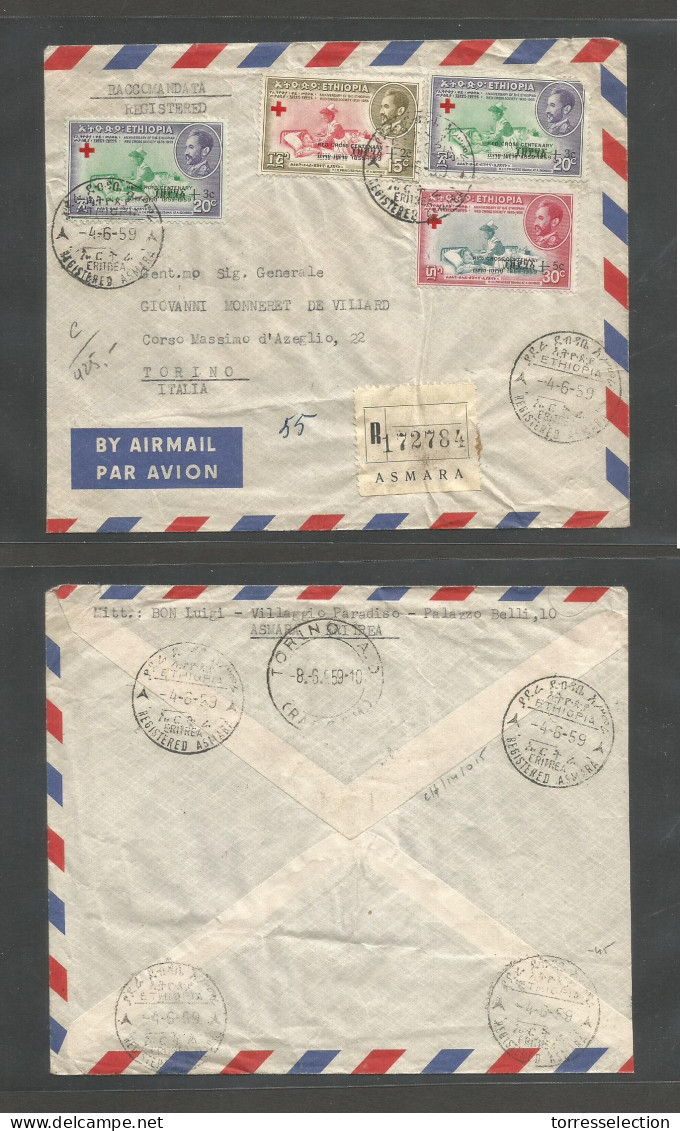 ETHIOPIA. 1959 (4 June) Asmara, Eritrea - Italy, Torino (8 June) Registered Air Multifkd Envelope. Red Cross Issue. VF. - Etiopia