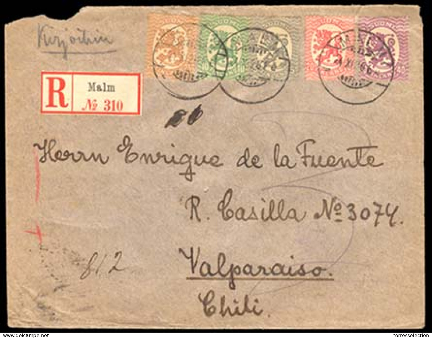 FINLAND. 1920 (24 Nov.). FINLAND / CHILE. Malm To Valparaiso / Chile (3 Jan 1921). Registered Envelope Franked 5p, 10p,  - Other & Unclassified