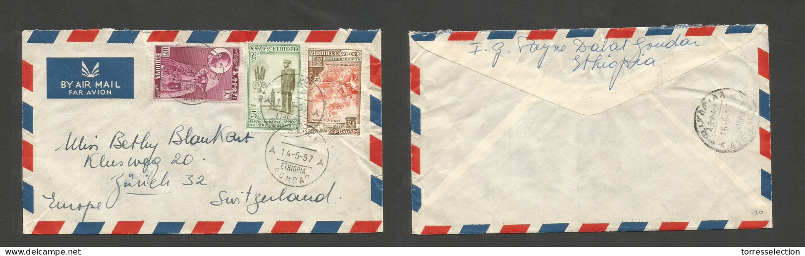 ETHIOPIA. 1957 (14 May) Gondar - Switzerland, Zurich. Air Multifkd Mixed Issues Envelope, Tied Cds. VF. - Etiopia
