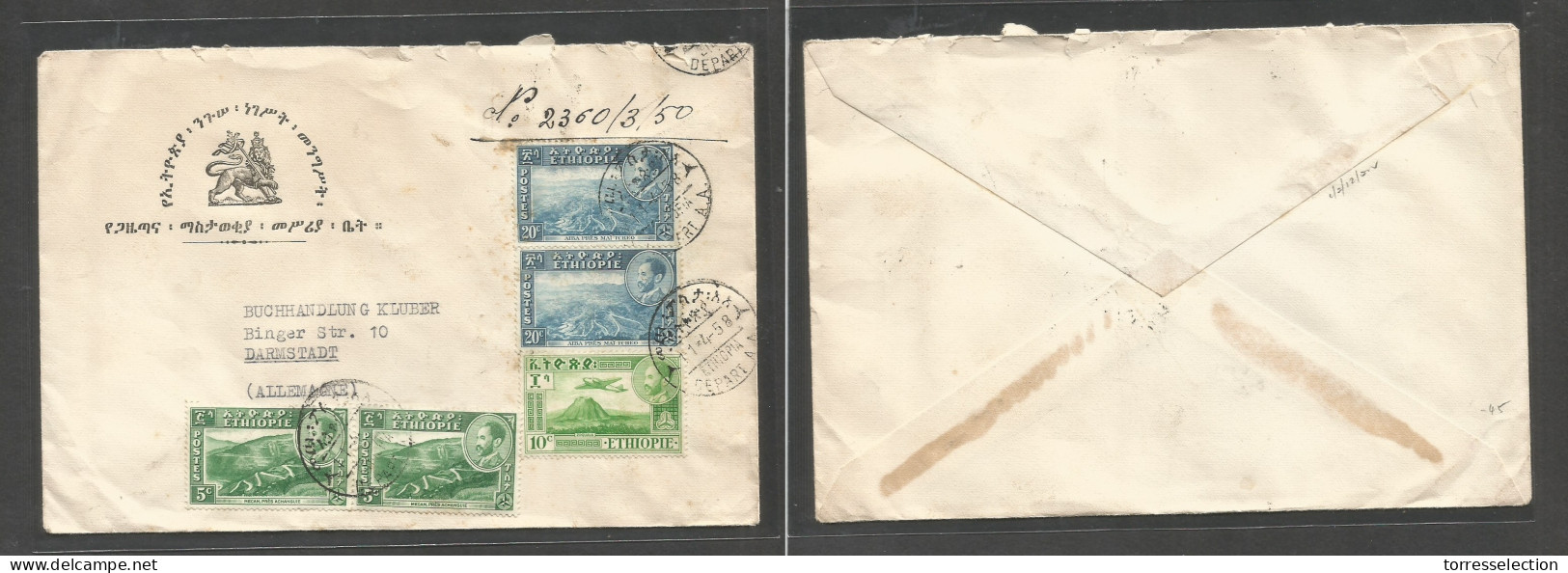 ETHIOPIA. 1958 (11 Apr) GPO - Germany, Darmstadt. Registered Multifkd Royal Official Envelope, At 60c Rate. - Ethiopie