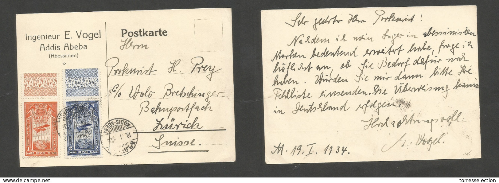ETHIOPIA. 1934 (19 Jan) Addis Abeba - Switzerland, Zurich. Multifkd Private Card. Air Usage, Margin, Borders. XF. - Etiopía