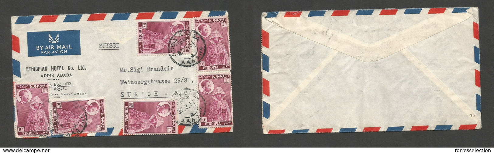 ETHIOPIA. 1951 (7 Febr) Addis Ababa - Zurich, Switzerland. Air Multifkd Env, Tied Cds, At 60c Rate. V. Appealing. - Etiopía