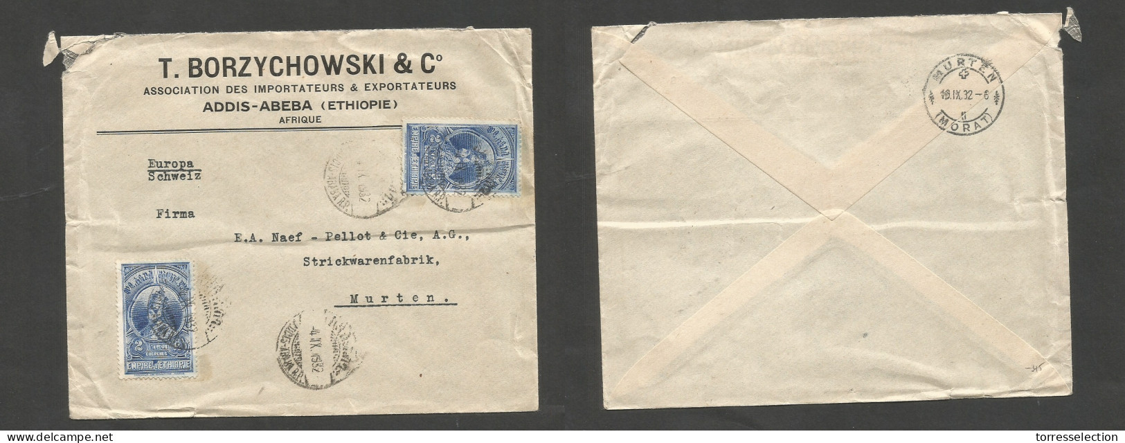 ETHIOPIA. 1932 (4 Sept) Addis Abeba - Switzerland, Murten (19 Sept) Comercial Multifkd Env. 4 Guerches Rate, Cds. Fine.  - Etiopía