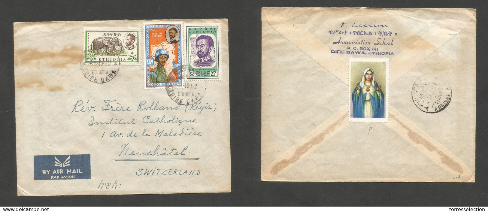 ETHIOPIA. 1962 (1 Oct) Dire Dawa - Switzerland, Neuchatel. Air Multifkd Mixed Issues Env + Incl. Elephant + UNO, TIED CD - Ethiopia