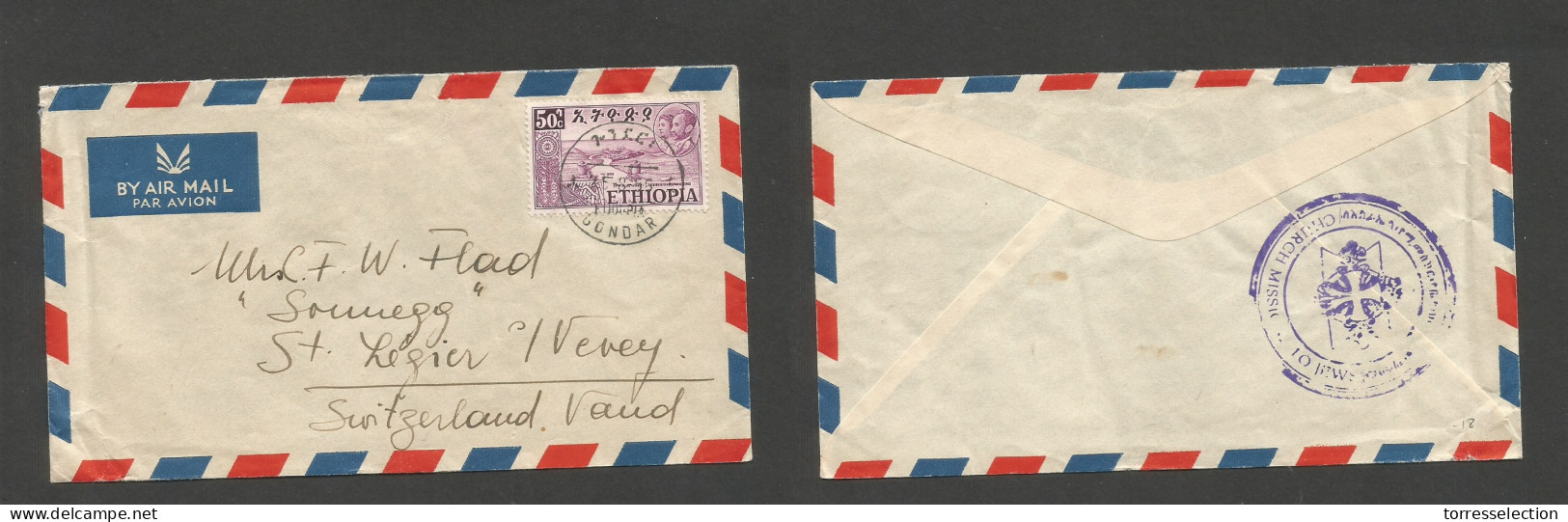 ETHIOPIA. 1955 (25 Aug) Gondar - Switzerland, Vand, St. Legar. 50c Air Single Fkd Env, Tied Town Ds. Reverse Church Miss - Ethiopia