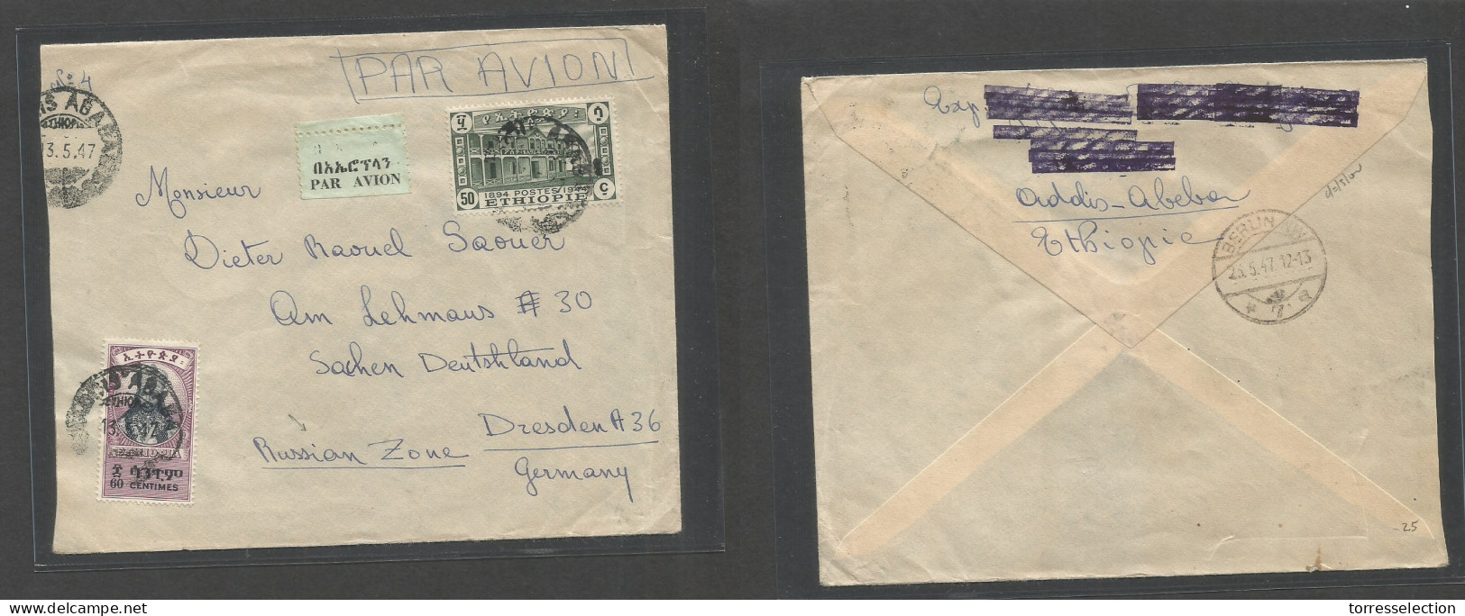 ETHIOPIA. 1947 (13 May) Addis Ababa - Germany, DDR, Dresden, Russian Zone (23 May) Air Multifkd Env. - Ethiopia