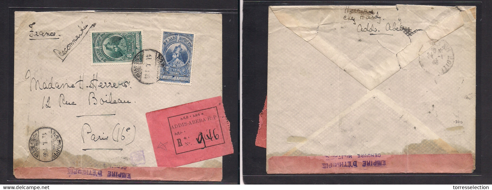 ETHIOPIA. 1936 (10 Jan) Addis Abeba - France, Paris. Registered Multifkd At 10 Querdes Rate, Pink R-label + Depart. Empi - Ethiopia