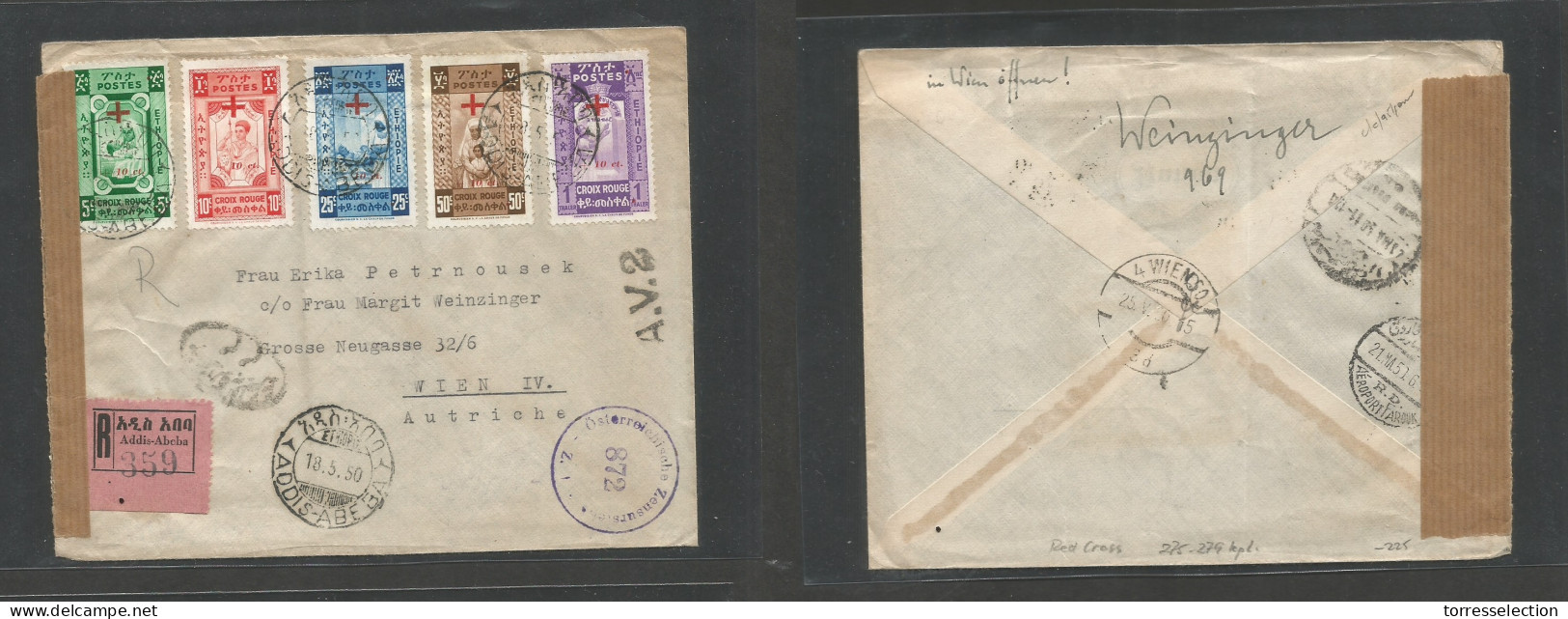 ETHIOPIA. 1950 (18 May) Addis Abeba - Austria, Wien (25 May) Registered Multiple Red Cross Issue Via Egypt - Farouk Airp - Ethiopia