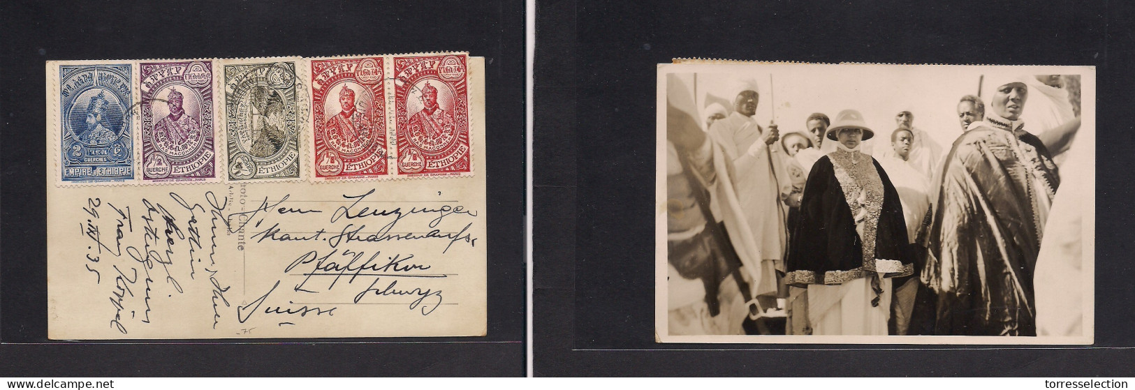 ETHIOPIA. 1935 (29 March) Addis Abeba - Switzerland, Pfaffikon. Multifkd Emperor Wife Photo Card. Lovely Usage At 3que R - Ethiopia