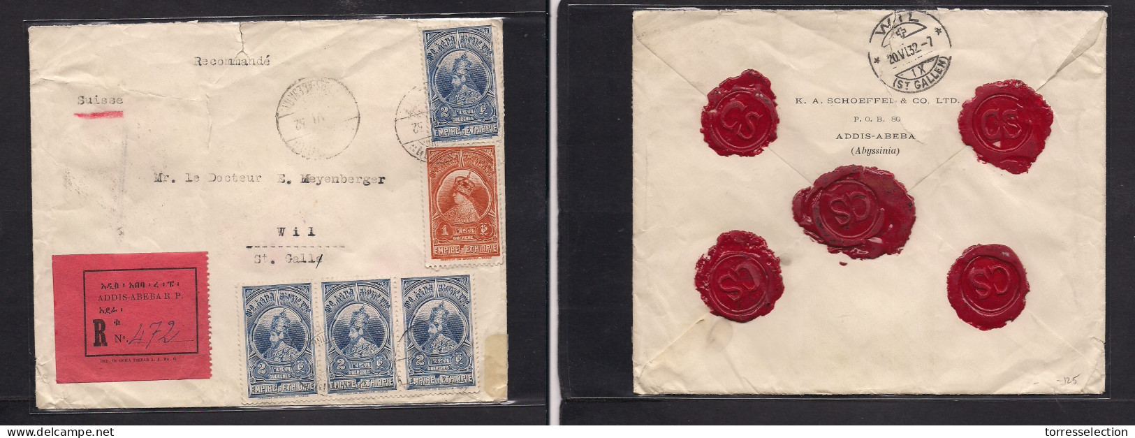 ETHIOPIA. 1932 (June) Addis Abeba - Switzerland, Wil (20 June) Registered Multifkd Envelope, Reverse Comercial Cachet +  - Ethiopie