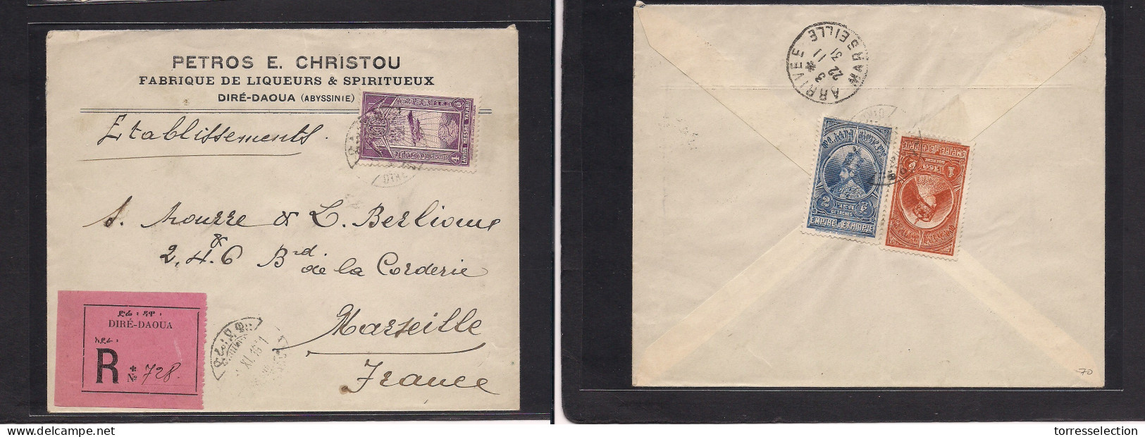 ETHIOPIA. 1931 (5 Nov) Dire Daoua - France, Marseille. Registered Comercial Front And Reverse. Multifkd Envelope. VF + R - Ethiopia