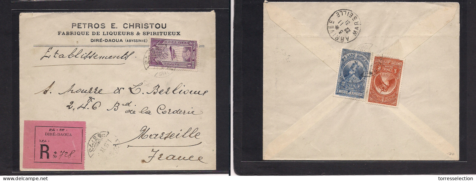 ETHIOPIA. 1931 (5 Nov) Dire Daoua - France, Marseille. Registered Comercial Front And Reverse. Multifkd Envelope. VF + R - Ethiopie