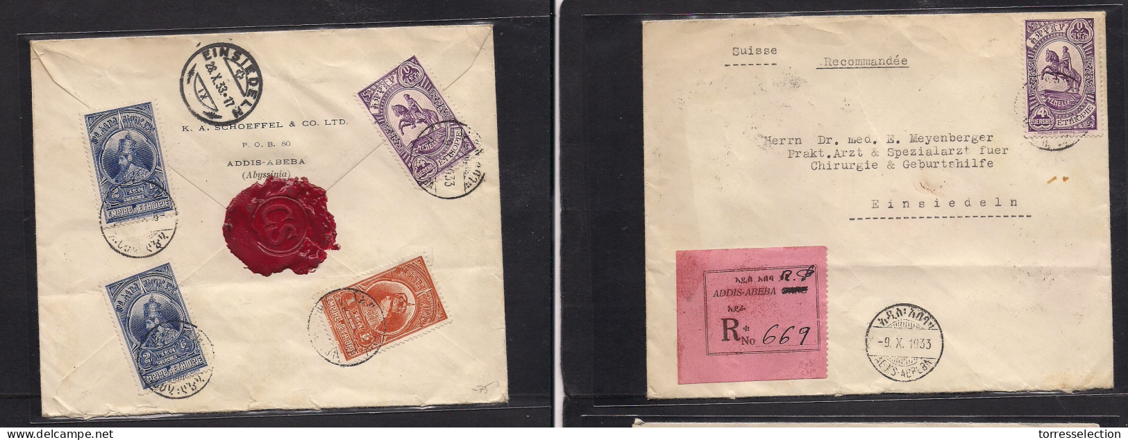 ETHIOPIA. 1933 (9 Oct) Addis Abeba - Switzerland, Einsiedeln (28 Oct) Multifkd Registered Front And Reverse Envelope, R- - Ethiopia