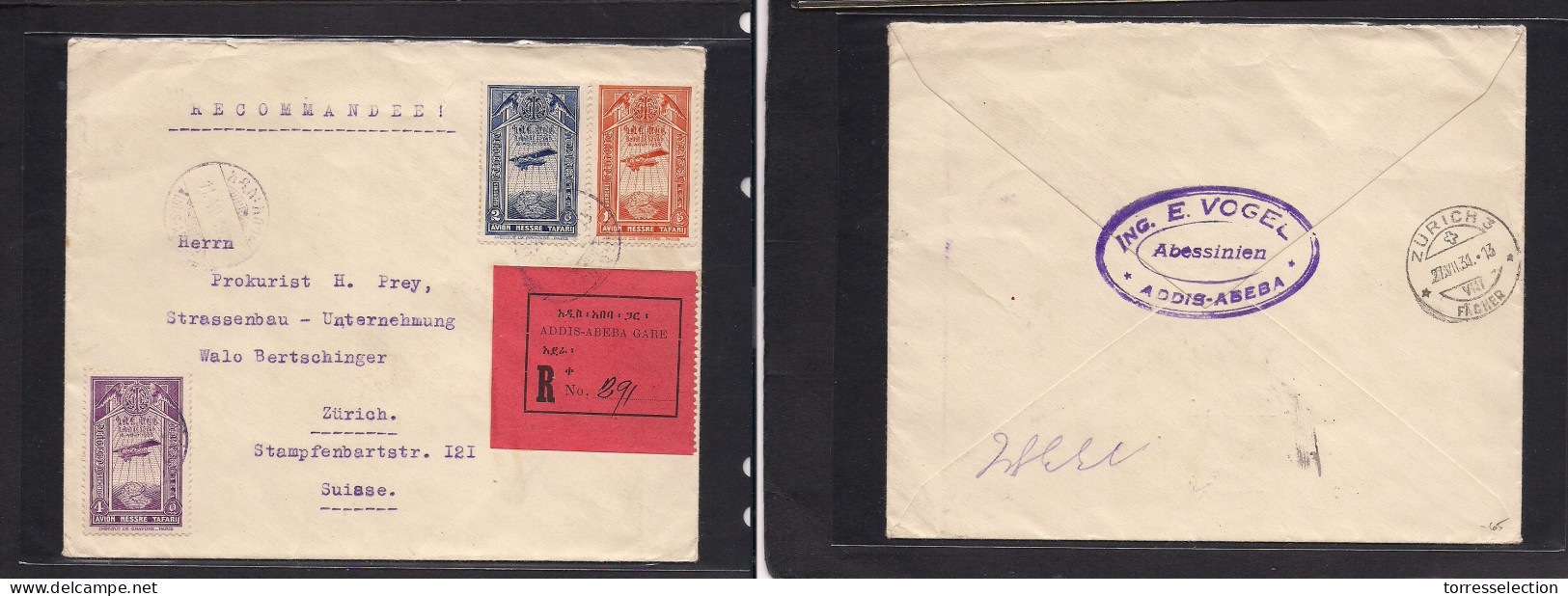 ETHIOPIA. 1931 (11 July) Addis Abeba - Switzerland, Zurich (27 July) Registered Air Multifkd Envelope. - Ethiopie