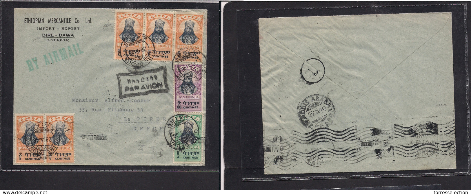 ETHIOPIA. 1946 (28 May) Dire Dadua - Greece, Pireus (8 June) Air Comercial Multifkd Envelope At 104 Cts Rate + Air Cache - Ethiopia