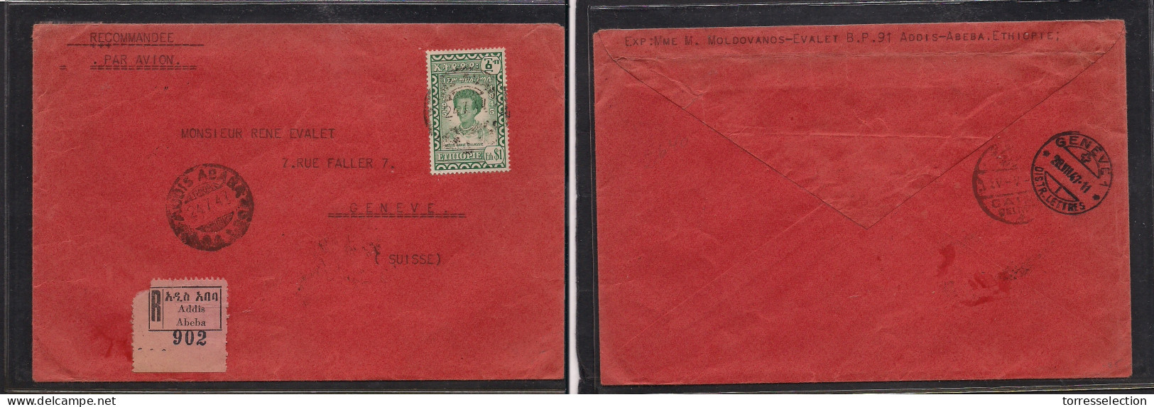 ETHIOPIA. 1947 (24 July) Addis Abeba - Geneve, Switzerland (28 July) Via Cairo. Scarce Single 18 Eth Air Fkd Envelope, T - Ethiopie