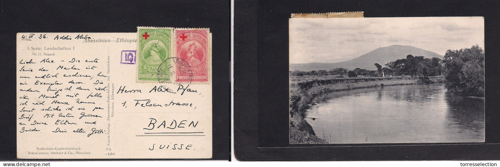 ETHIOPIA. 1936 (4 March) Addis Abeba - Switzerland, Baden. Multifkd Red Cross Issue Ppc, Tied Cds. From Original Old Tim - Ethiopia