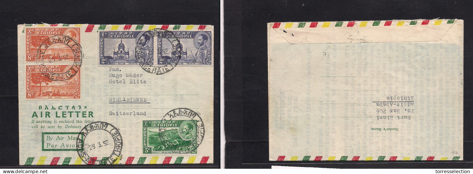 ETHIOPIA. 1952 (28 March) Addis Abeba - Switzerland, Biel Brenne. Multifkd Air Lettersheet With Long Contains. Scarce. - Ethiopia