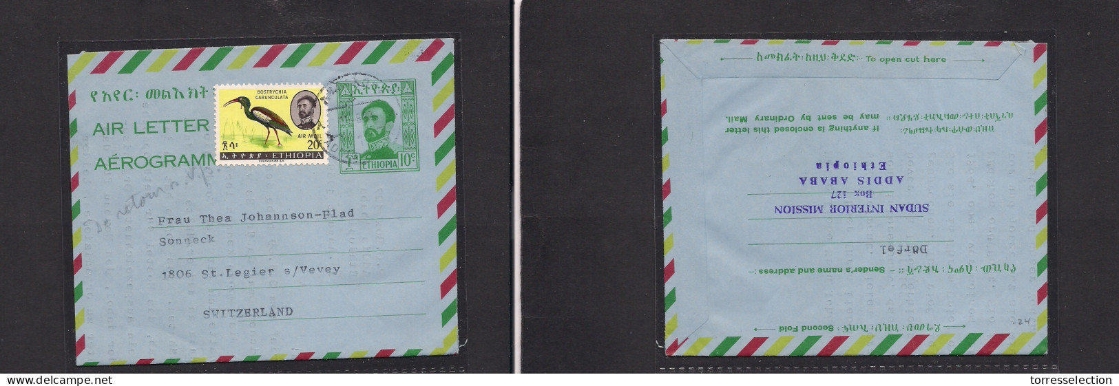 ETHIOPIA. 1969 (18 Aug) Addis Abeba - Switzerland, St. Legier. 10c Green Stat Air Lettersheet + Adtl, Tied Cds Full Text - Ethiopie