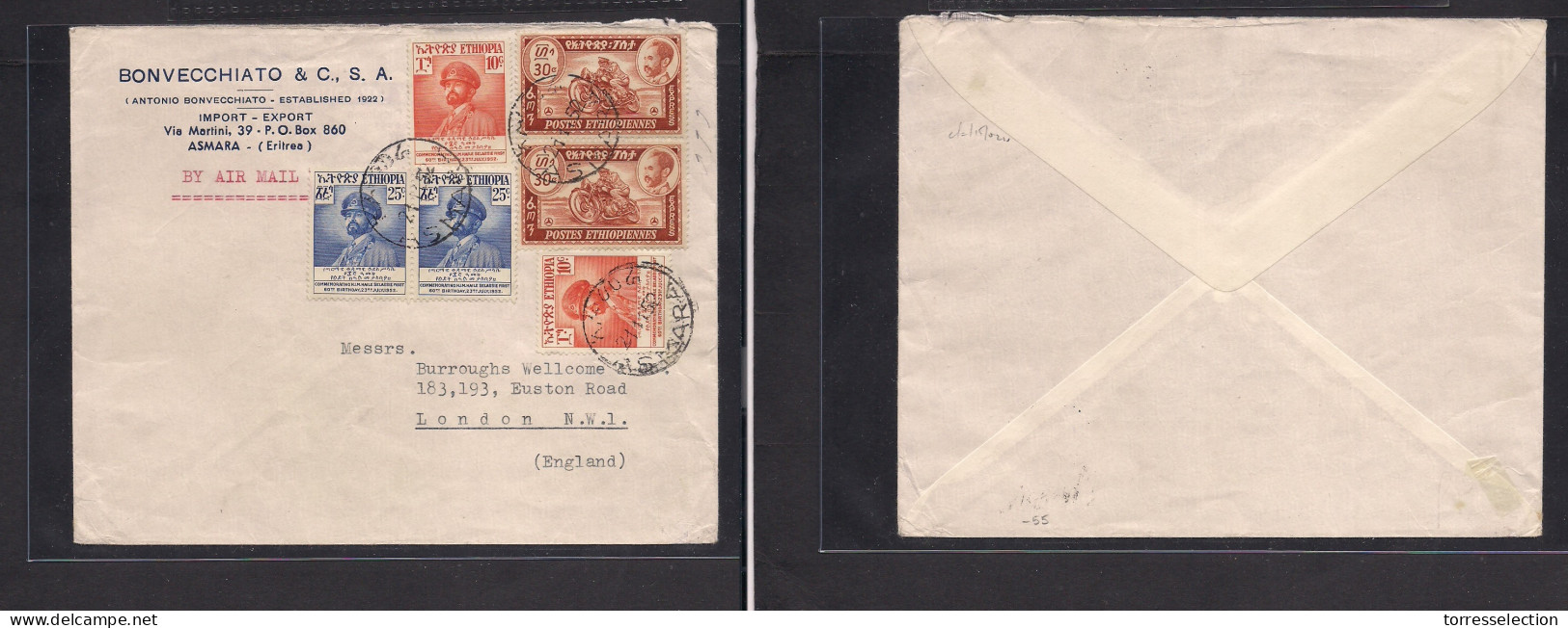 ETHIOPIA. 1952 (21 Jan) Asmara - London, UK. Air Multifkd Env. Haile Selassie Birthday Issue + Express Mail Usage. Rare  - Ethiopie