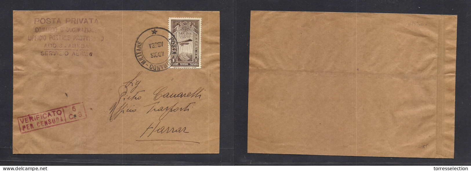 ETHIOPIA. C. 1940. Addis Abeba - Harrar. Italian Postal Adm. Private Mail Military Censor Cachets. Fkd Internal Envelope - Ethiopie