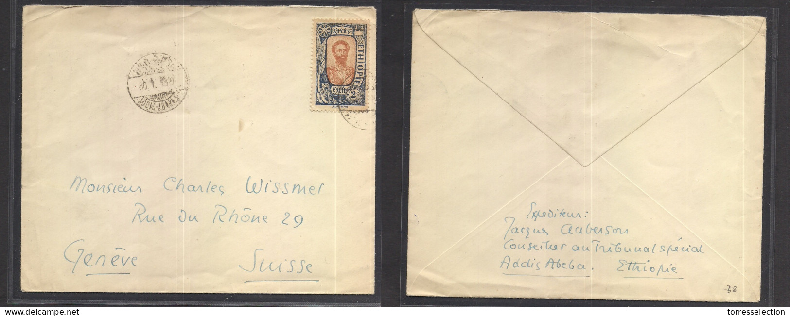 ETHIOPIA. 1927 (30 Jan) Addis Abeba - Switzerland, Geneve. Single 2c Fkd Env, Tied Cds. King Issue. VF. - Ethiopia