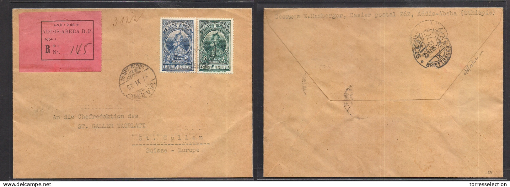 ETHIOPIA. 1935 (7 Nov) Addis Abeba RP - Switzerland, St. Gallen (22 Nov) Registered Multifkd Env + Pmk R-label. Fine. - Ethiopia