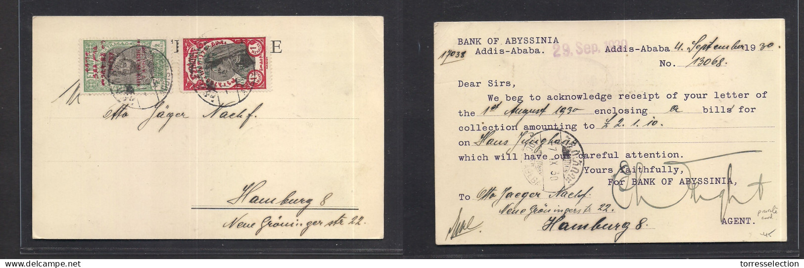 ETHIOPIA. 1930 (4 Sept) Addis Abeba - Germany, Hamburg (29 Sept) Local Ovptd Multifkd Private Card. Interesting Scarce U - Ethiopia