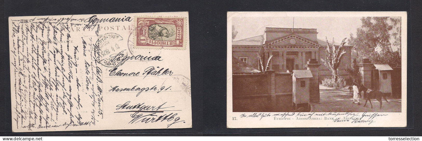 ETHIOPIA. 1925 (15 Jan) DIRE DAGUI - Germany, Stuttgart. Fkd 1g Ppc, Depart Small Town Cds. Scarce Item. - Ethiopie