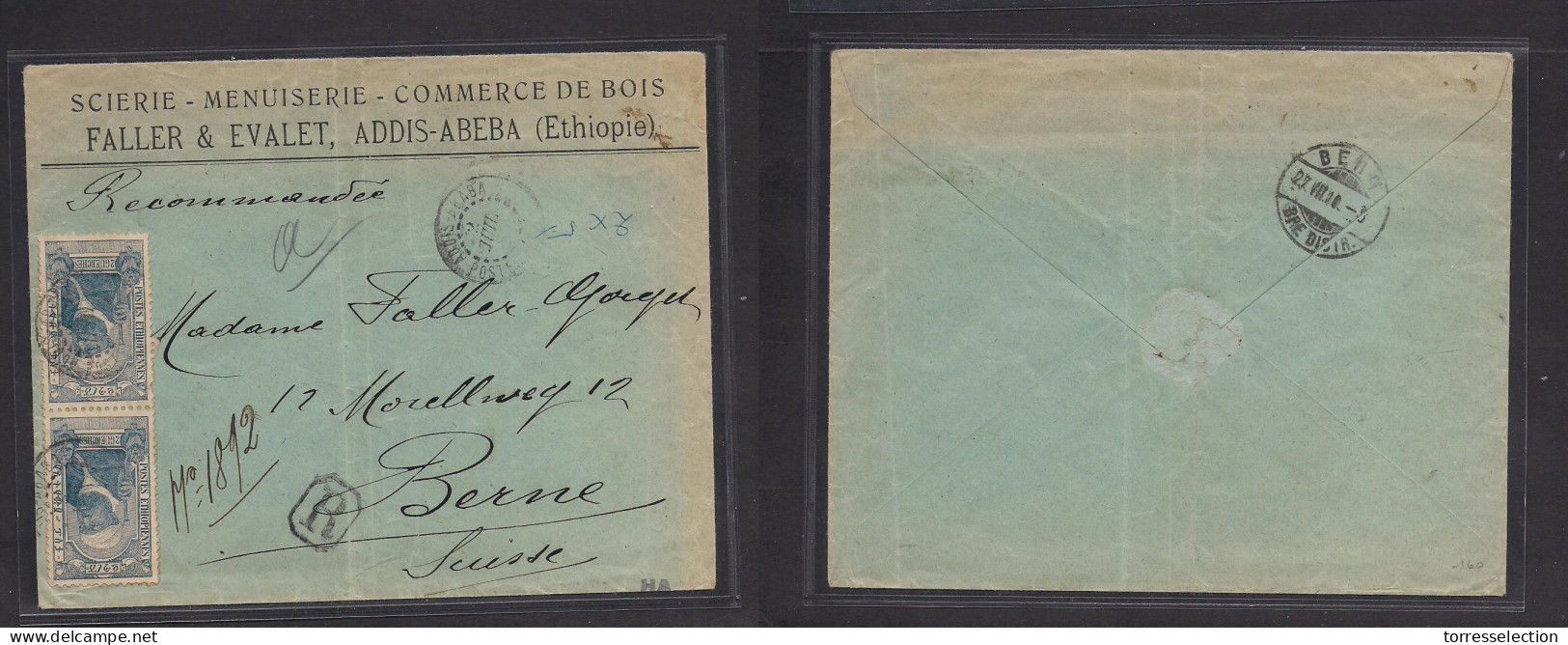 ETHIOPIA. 1910 (2 July) Addis Abeba - Switzerland, Bern (27 July) Registered Comercial Multifkd Env. VF. - Ethiopia