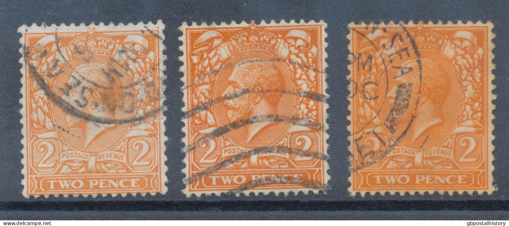 GB Ca. 1913/20 King George V 2d Die I In Reddish Orange, Deep Bright Orange And The Extremely Rare Intense Bright Orange - Oblitérés