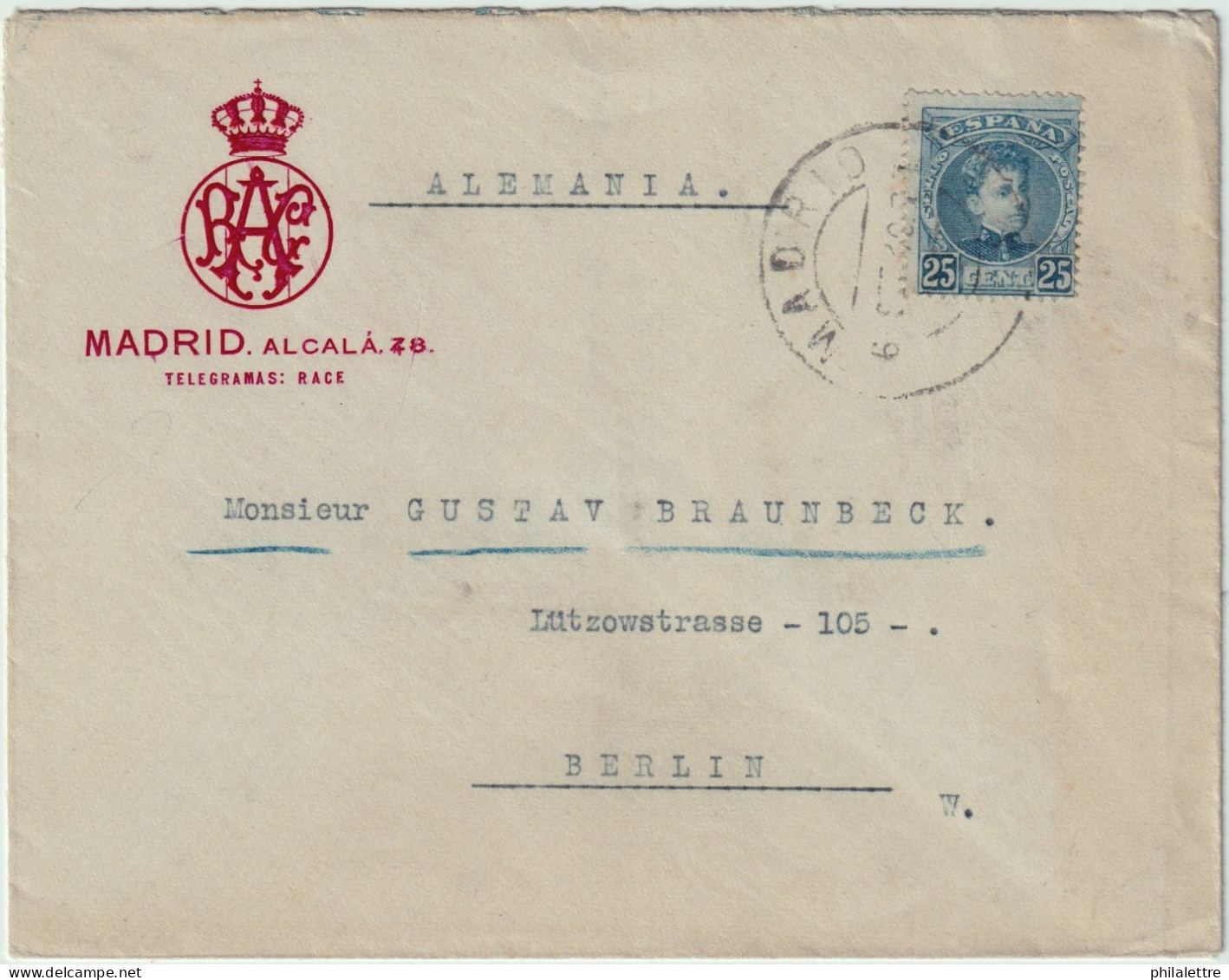 ESPAGNE/ESPAÑA 1912 Ed.248 En Sobre Con Membrete “RAC” (Real Automóvil Club) De Madrid A BERLÍN, Alemania - Cartas & Documentos