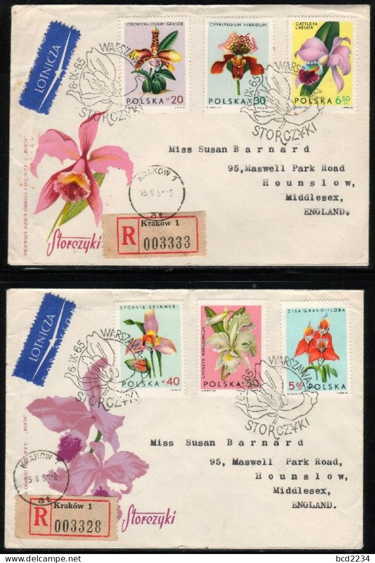POLAND FDC 1965 FLOWERS - ORCHIDS FULL SET OF 9 ON 3 ADDRESSED REGISTERED COVERS - FDC