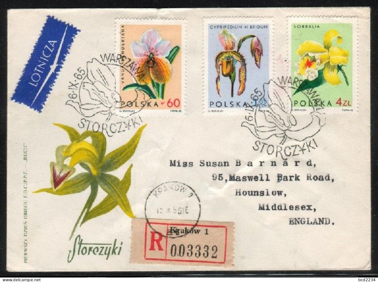 POLAND FDC 1965 FLOWERS - ORCHIDS FULL SET OF 9 ON 3 ADDRESSED REGISTERED COVERS - FDC