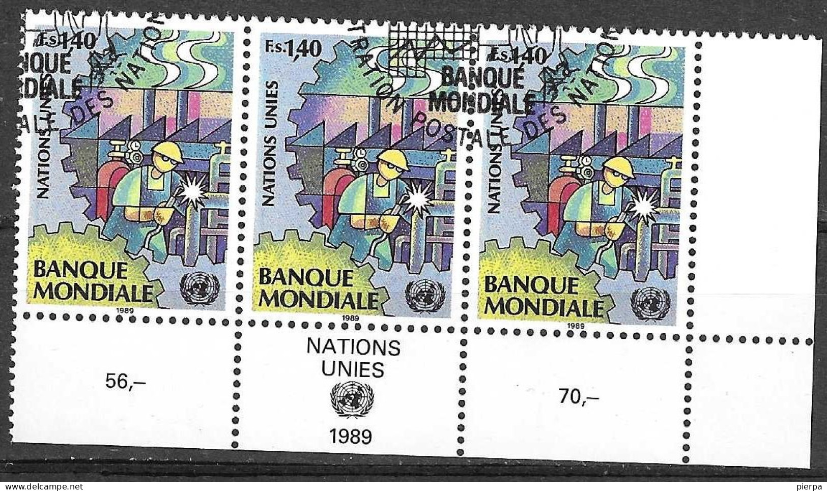 O.N.U. GINEVRA - 1989 - BANCA MONDIALE - FR. 1,40- STRISCIA DI 3 VALORI ANGOLO DI FOGLIO -USATO (YVERT 174 - MICHEL 174) - Usados