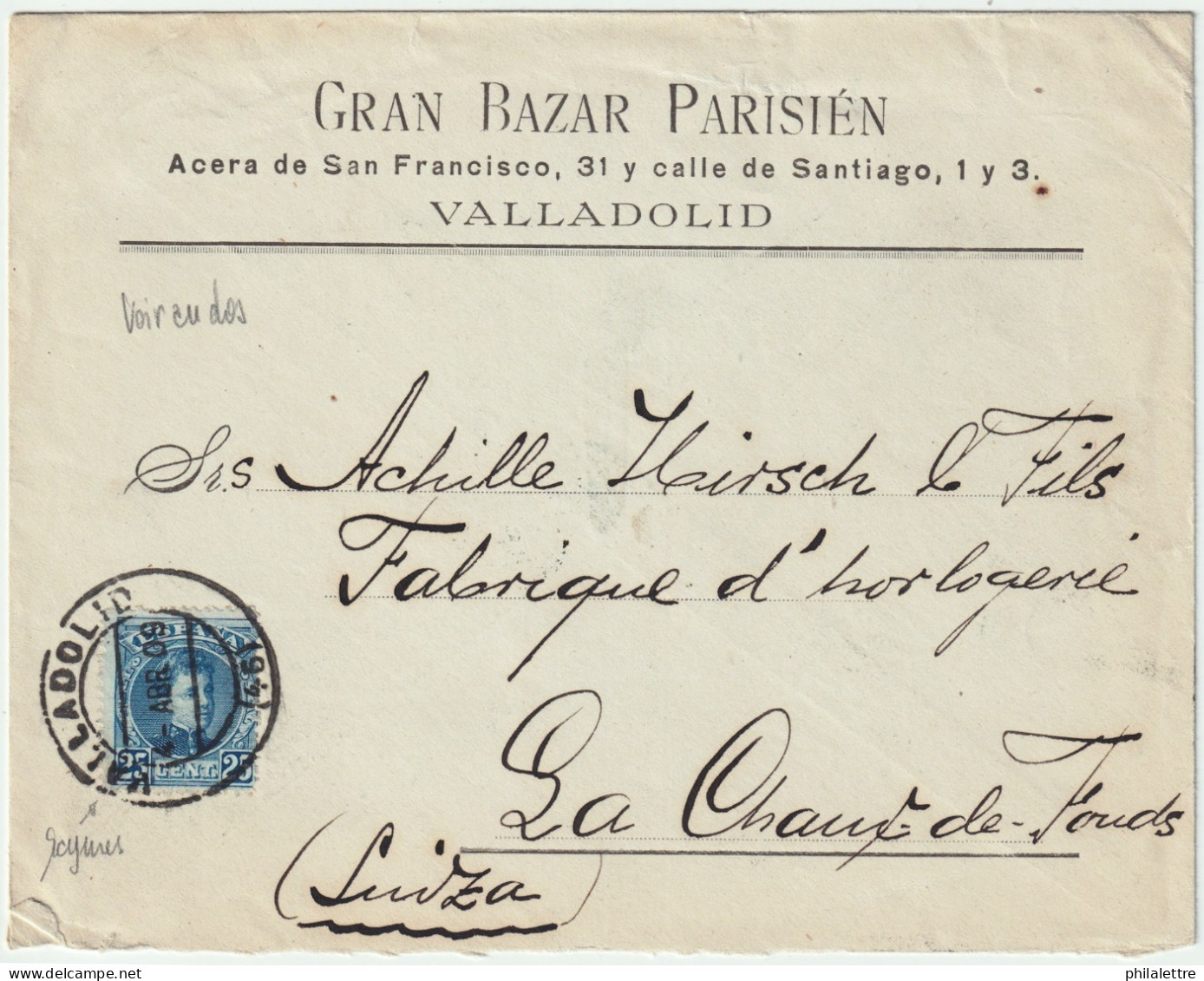 ESPAGNE/ESPAÑA 1909 Ed.248 En Sobre Ilustrado Con Membrete “Gran Bazar Parisien" De Valladolid à Suiza - Lettres & Documents